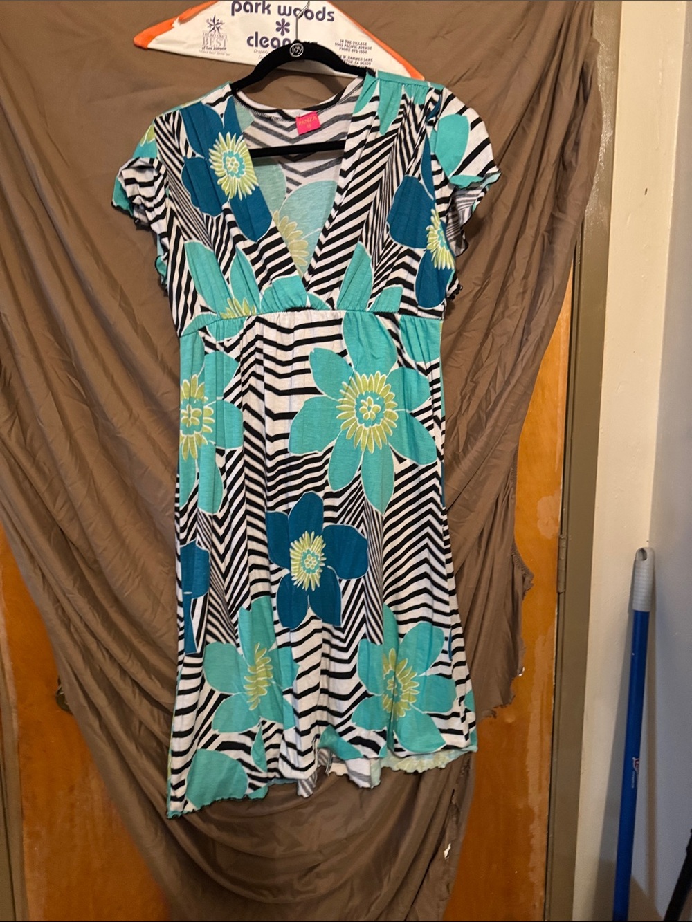 Floral Stripe V-Neck Dress in Teal & Black